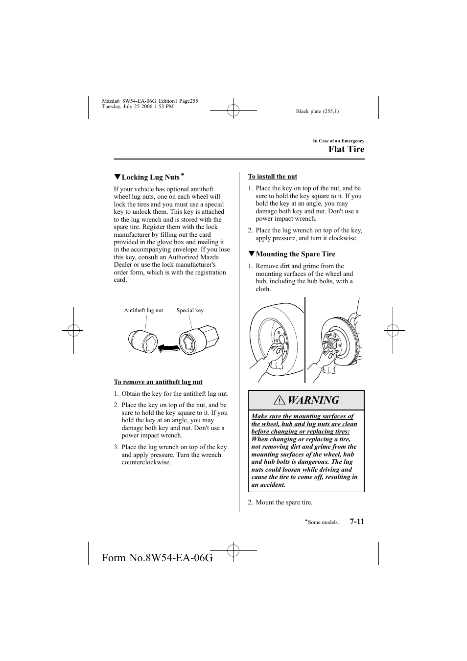 Warning, Flat tire | Mazda 2007 6 SPORTS SEDAN User Manual | Page 256 / 445