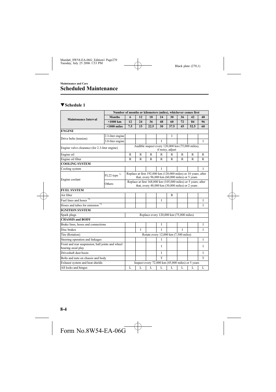 Scheduled maintenance, Qschedule 1 | Mazda 2007 6 SPORTS SEDAN User Manual | Page 271 / 445