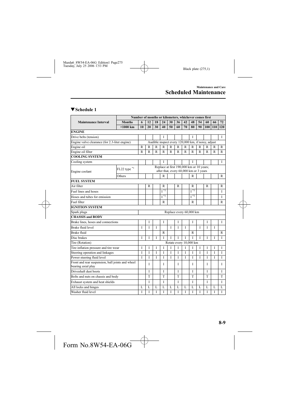 Scheduled maintenance, Qschedule 1 | Mazda 2007 6 SPORTS SEDAN User Manual | Page 276 / 445