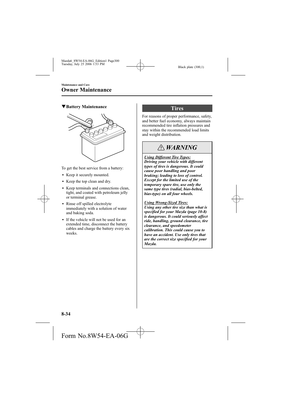 Warning, Tires, Owner maintenance | Mazda 2007 6 SPORTS SEDAN User Manual | Page 301 / 445