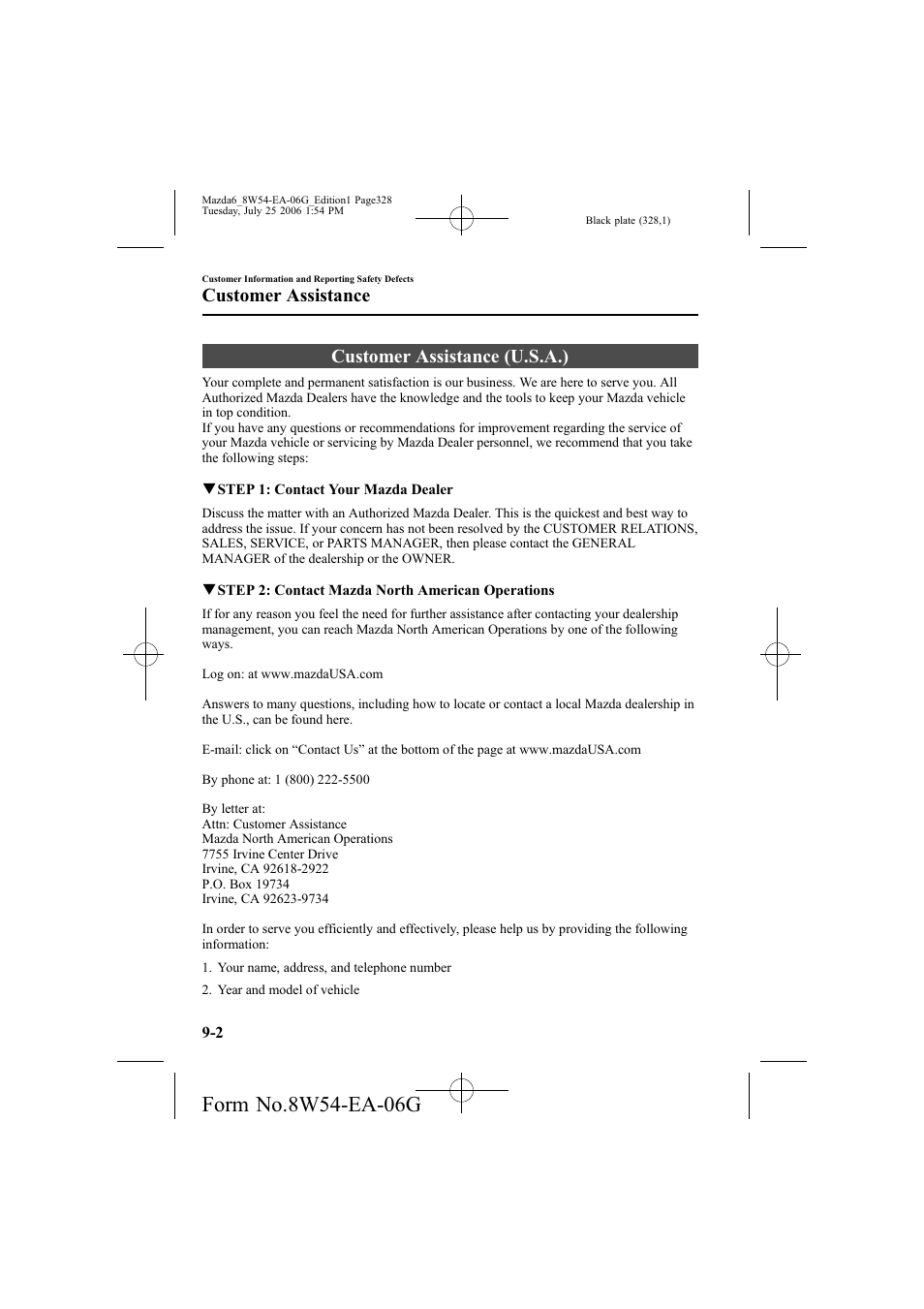 Customer assistance (u.s.a.), Customer assistance | Mazda 2007 6 SPORTS SEDAN User Manual | Page 329 / 445