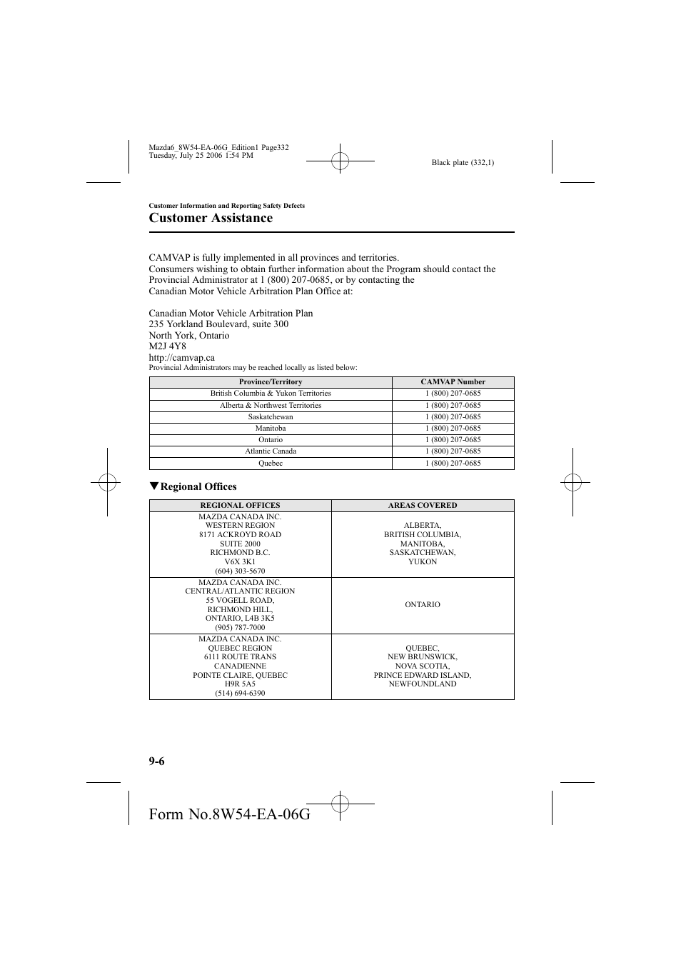 Customer assistance, Qregional offices | Mazda 2007 6 SPORTS SEDAN User Manual | Page 333 / 445