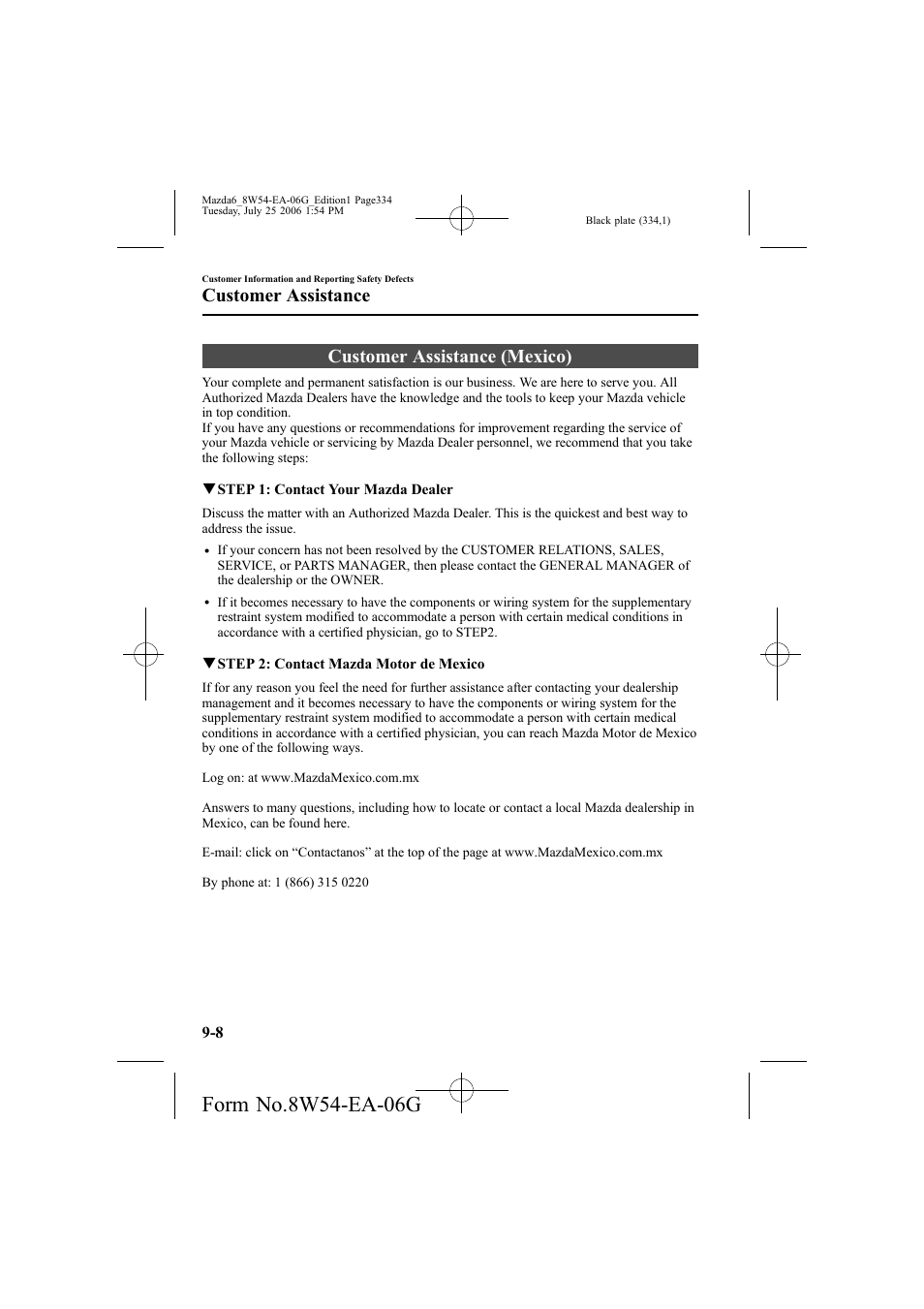 Customer assistance (mexico), Customer assistance | Mazda 2007 6 SPORTS SEDAN User Manual | Page 335 / 445