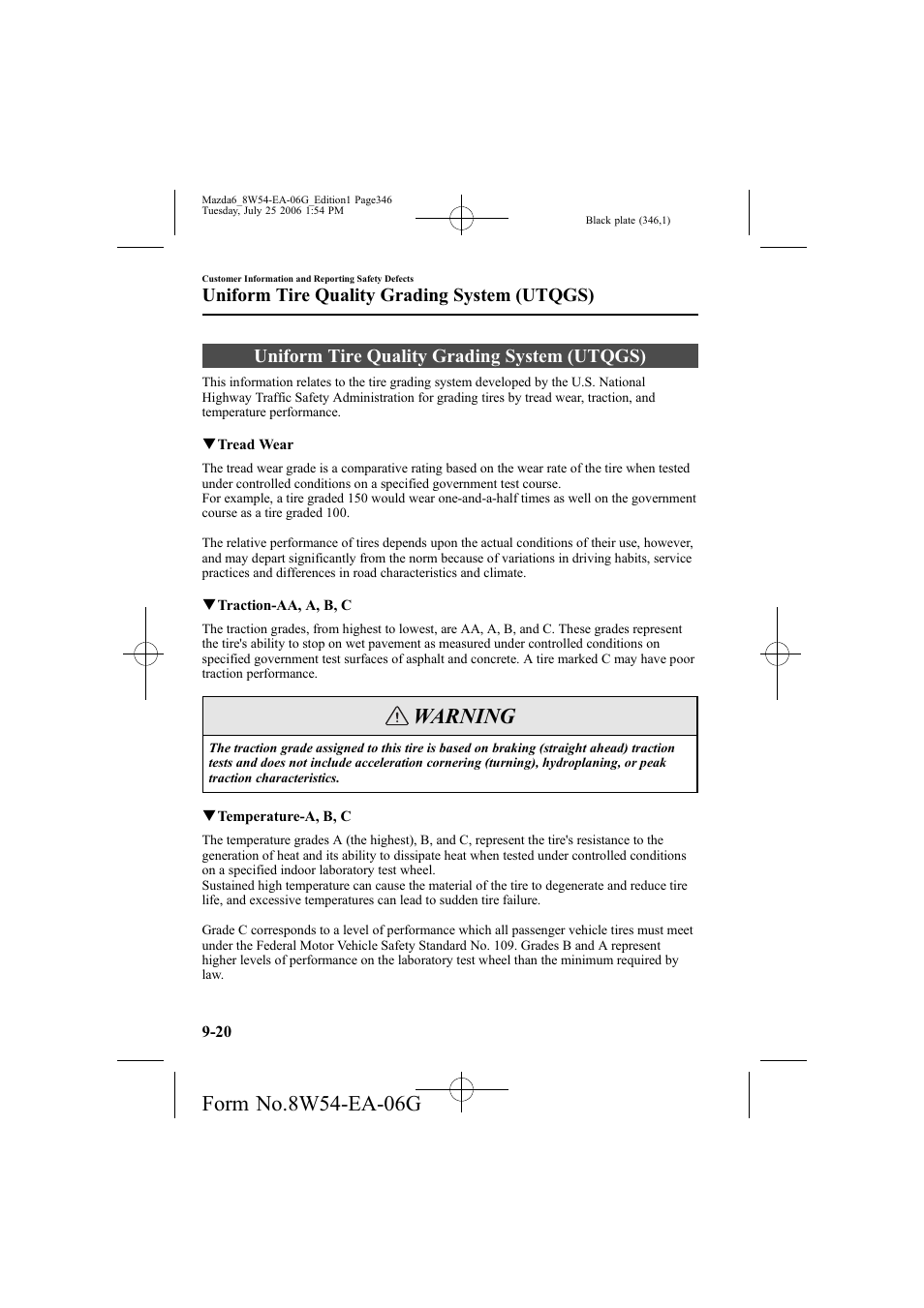 Warning, Uniform tire quality grading system (utqgs) | Mazda 2007 6 SPORTS SEDAN User Manual | Page 347 / 445