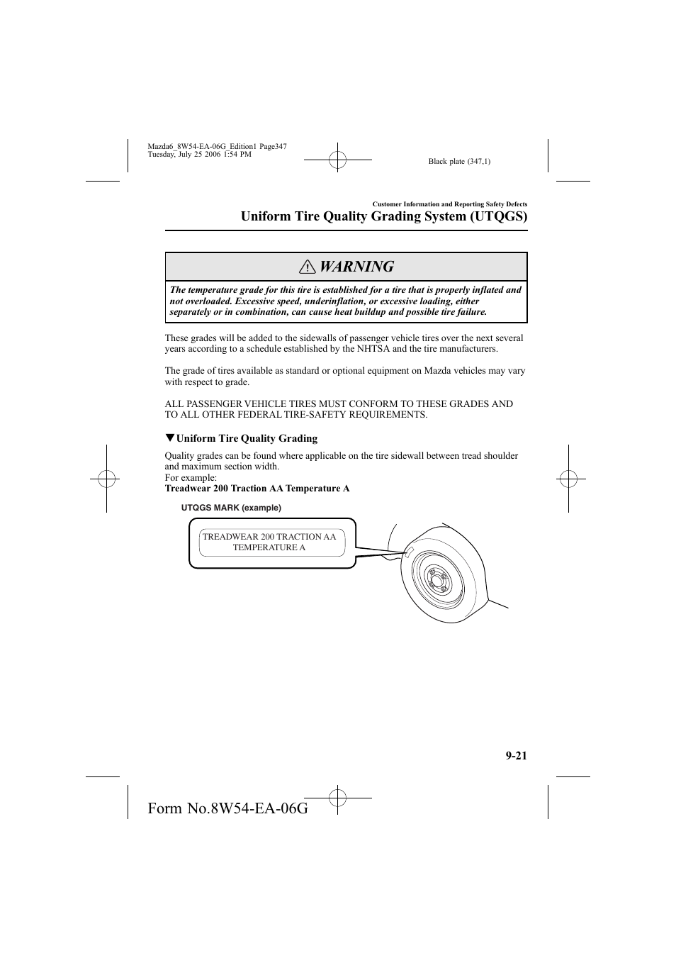 Warning, Uniform tire quality grading system (utqgs) | Mazda 2007 6 SPORTS SEDAN User Manual | Page 348 / 445