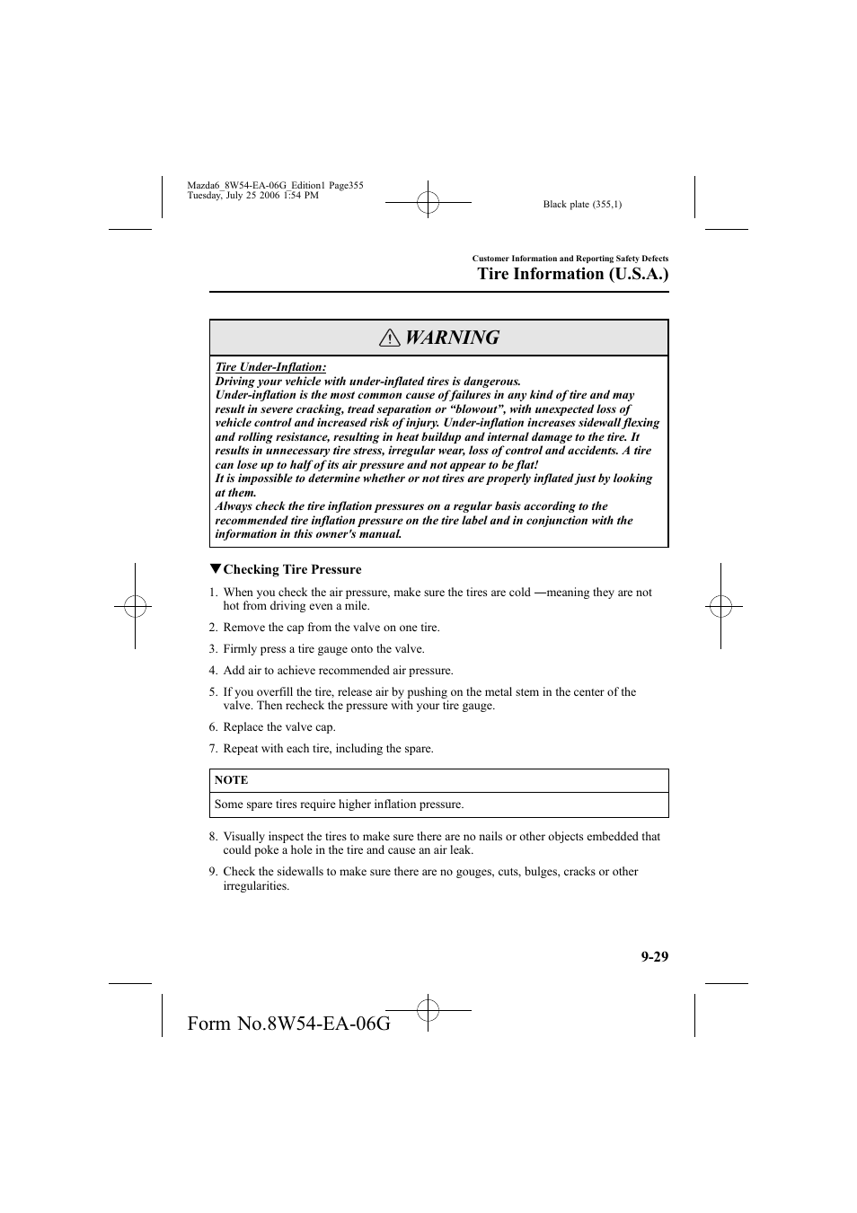 Warning, Tire information (u.s.a.) | Mazda 2007 6 SPORTS SEDAN User Manual | Page 356 / 445