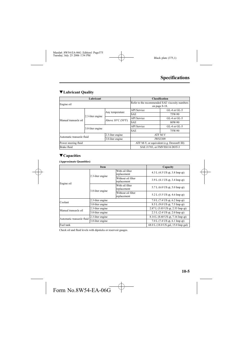 Specifications, Qlubricant quality, Qcapacities | Mazda 2007 6 SPORTS SEDAN User Manual | Page 376 / 445