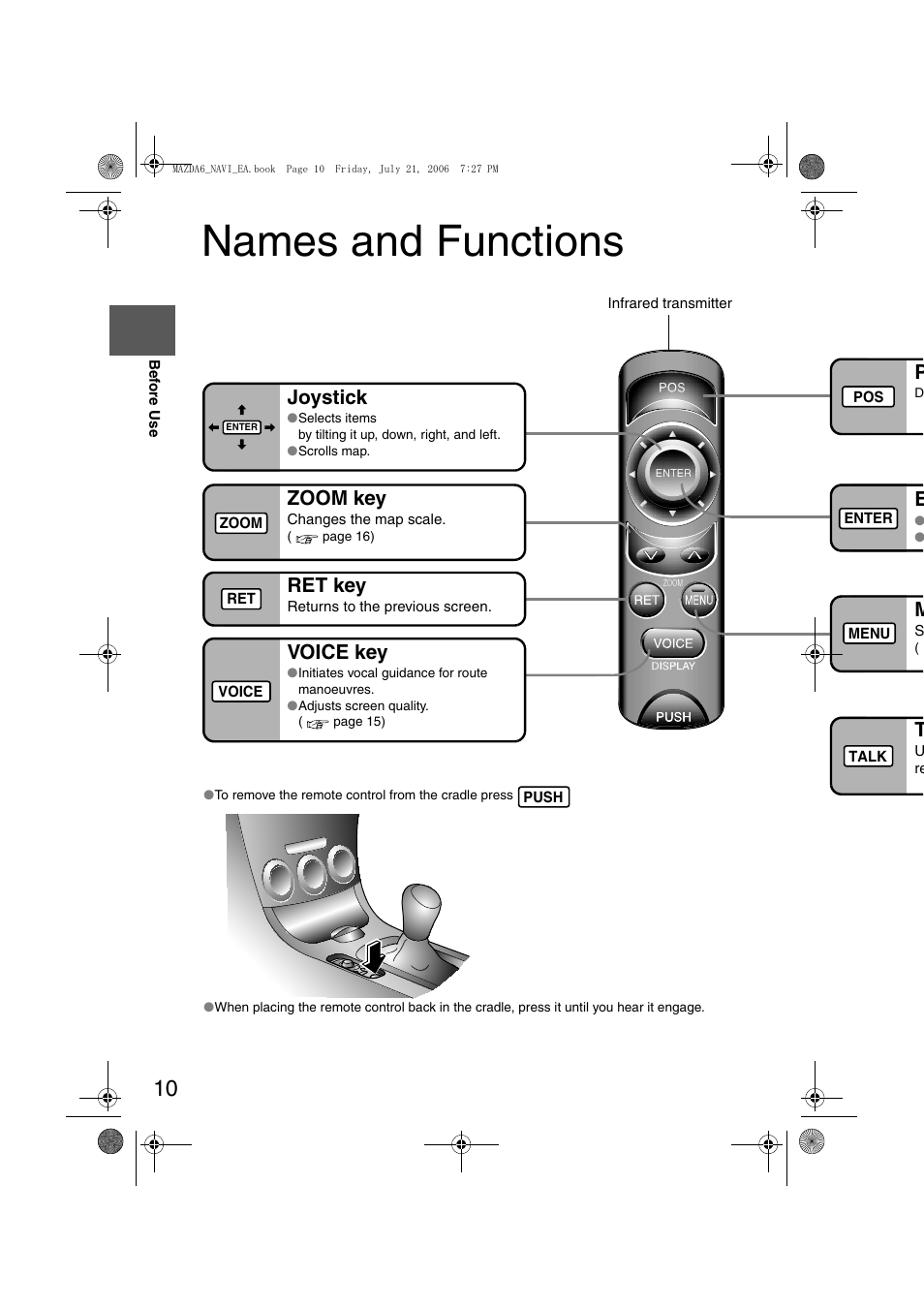 Names and functions, Joystick, Zoom key | Ret key, Voice key | Mazda 2007 6 SPORTS SEDAN User Manual | Page 397 / 445