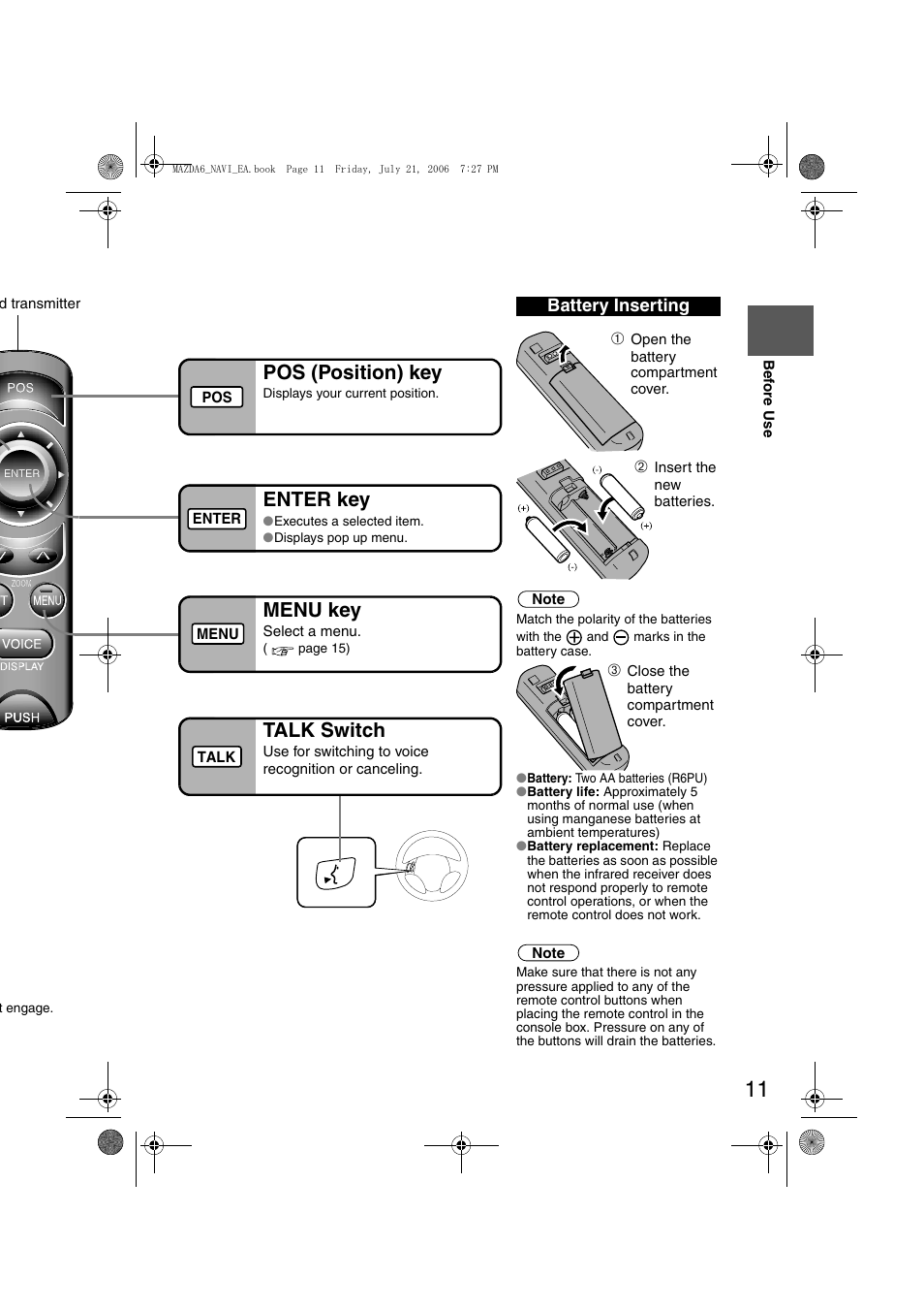 Pos (position) key, Enter key, Menu key | Talk switch, Battery inserting | Mazda 2007 6 SPORTS SEDAN User Manual | Page 398 / 445