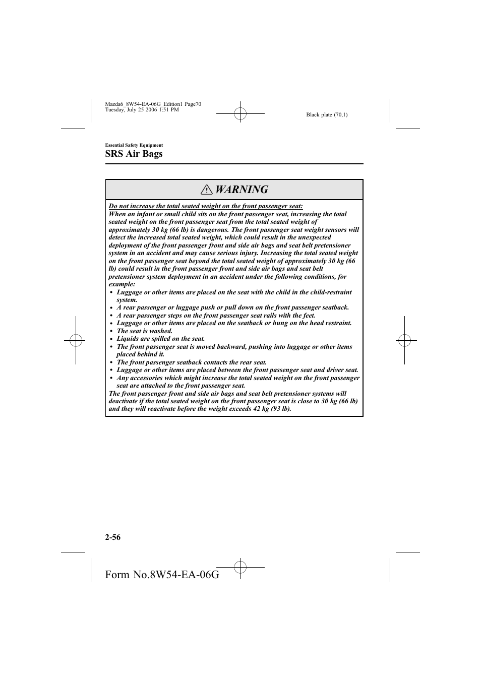 Warning, Srs air bags | Mazda 2007 6 SPORTS SEDAN User Manual | Page 71 / 445