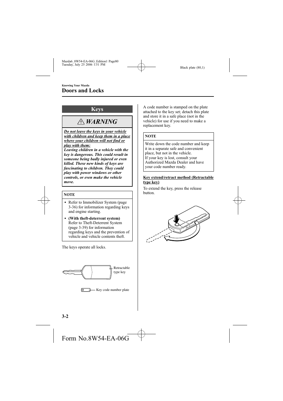 Warning, Keys, Doors and locks | Mazda 2007 6 SPORTS SEDAN User Manual | Page 81 / 445