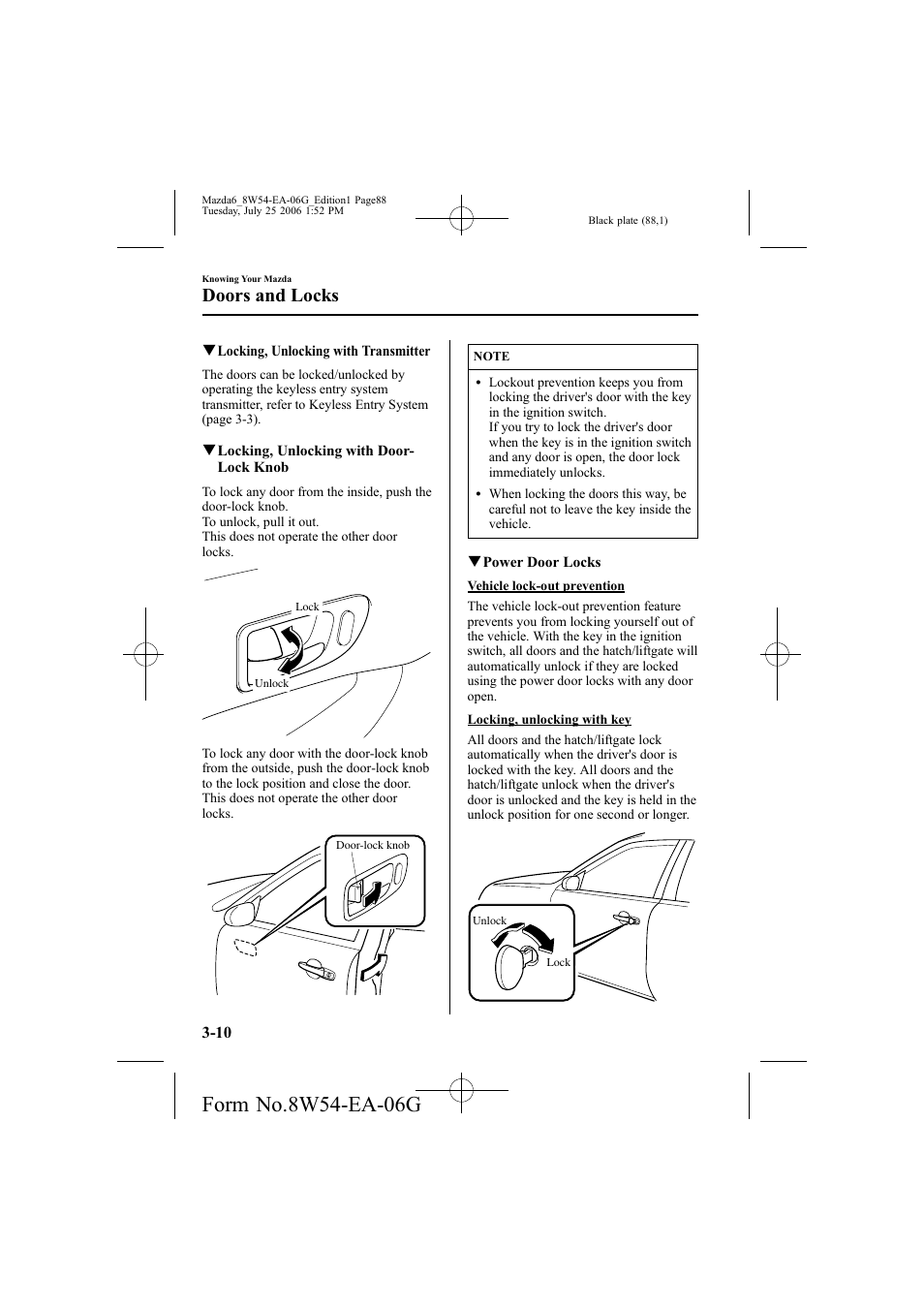 Doors and locks | Mazda 2007 6 SPORTS SEDAN User Manual | Page 89 / 445