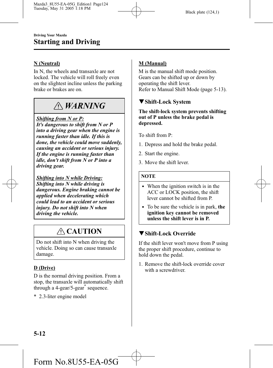 Warning, Caution, Starting and driving | Mazda 2006 3 4-DOOR User Manual | Page 124 / 416