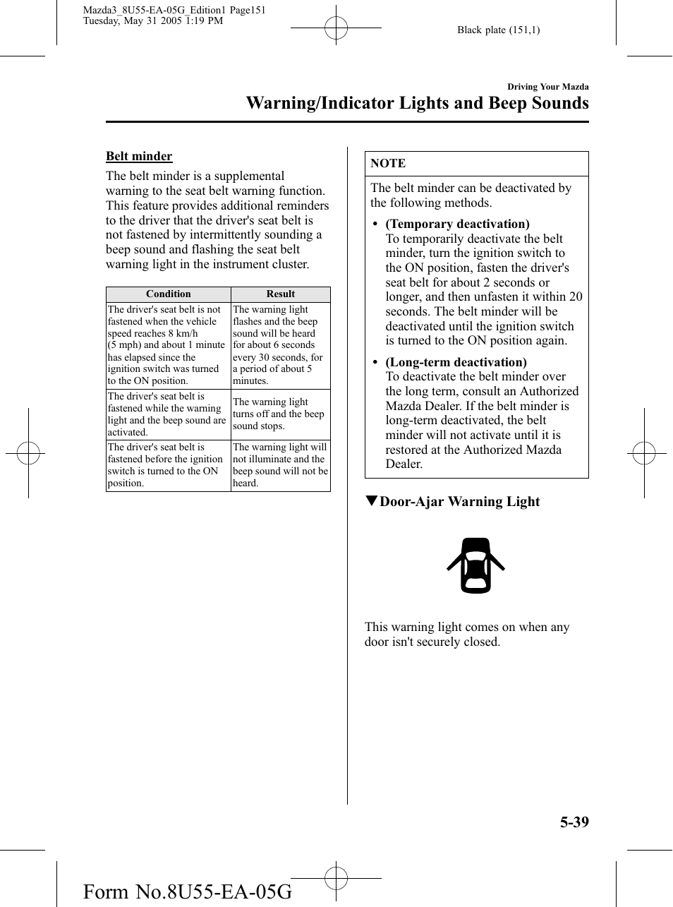 Warning/indicator lights and beep sounds | Mazda 2006 3 4-DOOR User Manual | Page 151 / 416