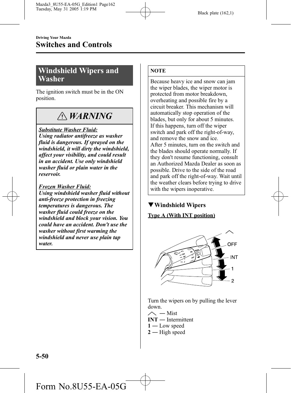 Windshield wipers and washer, Windshield wipers and washer -50, Warning | Switches and controls | Mazda 2006 3 4-DOOR User Manual | Page 162 / 416