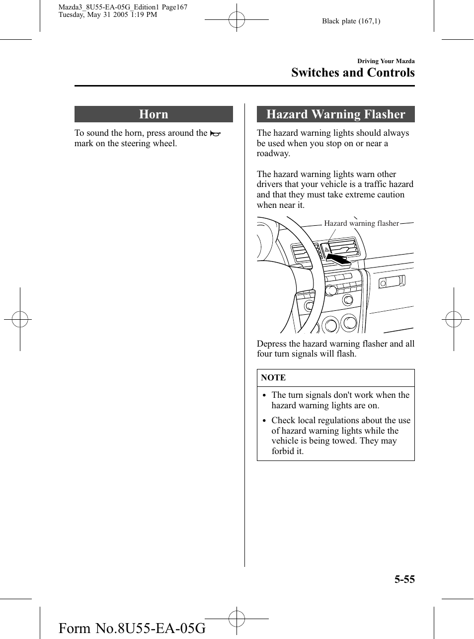 Horn, Hazard warning flasher, Horn -55 hazard warning flasher -55 | Switches and controls | Mazda 2006 3 4-DOOR User Manual | Page 167 / 416