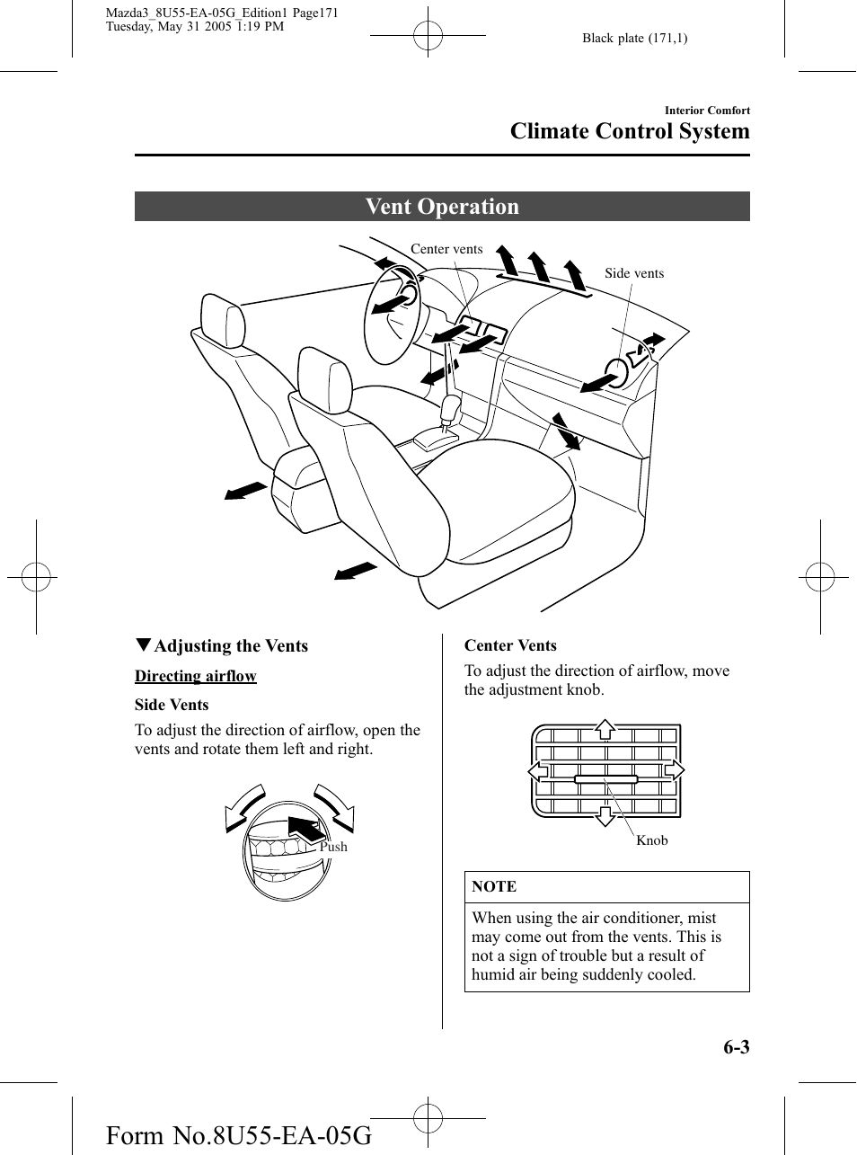 Vent operation, Vent operation -3, Climate control system | Mazda 2006 3 4-DOOR User Manual | Page 171 / 416