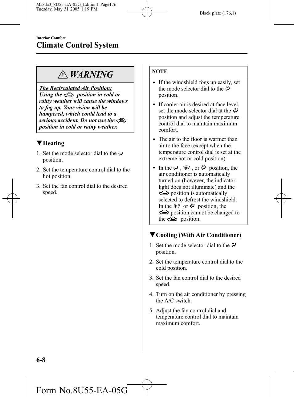 Warning, Climate control system | Mazda 2006 3 4-DOOR User Manual | Page 176 / 416