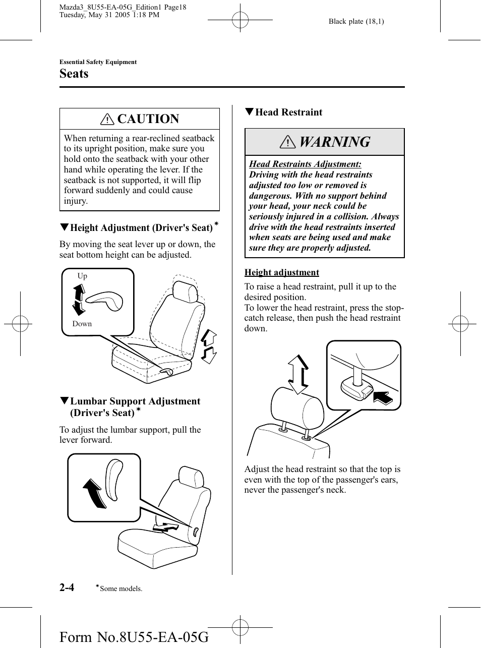 Warning, Caution, Seats | Mazda 2006 3 4-DOOR User Manual | Page 18 / 416