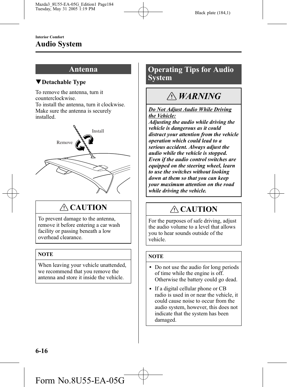 Audio system, Antenna, Operating tips for audio system | Audio system -16, Antenna -16 operating tips for audio system -16, Warning, Caution | Mazda 2006 3 4-DOOR User Manual | Page 184 / 416