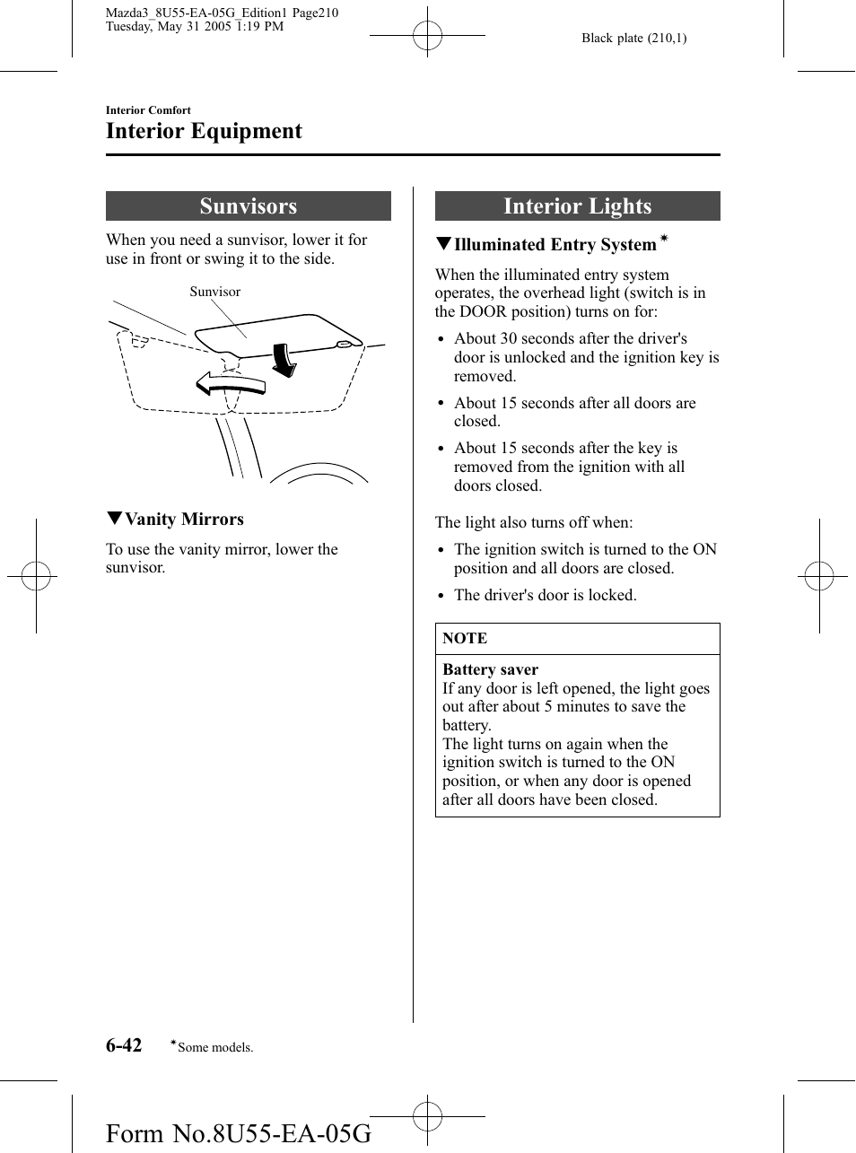 Interior equipment, Sunvisors, Interior lights | Interior equipment -42, Sunvisors -42 interior lights -42 | Mazda 2006 3 4-DOOR User Manual | Page 210 / 416