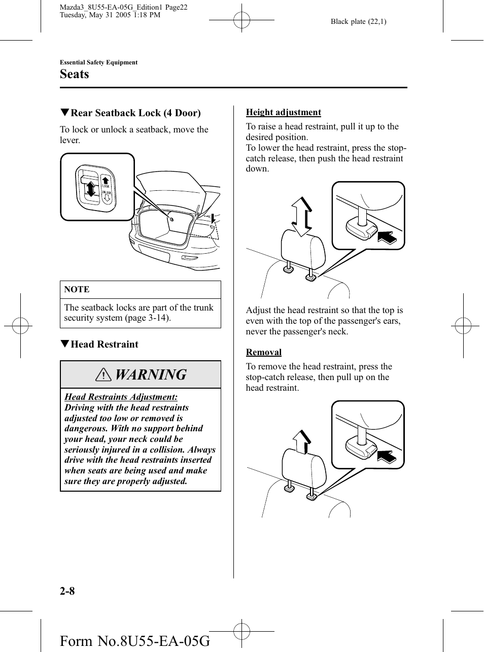 Warning, Seats | Mazda 2006 3 4-DOOR User Manual | Page 22 / 416