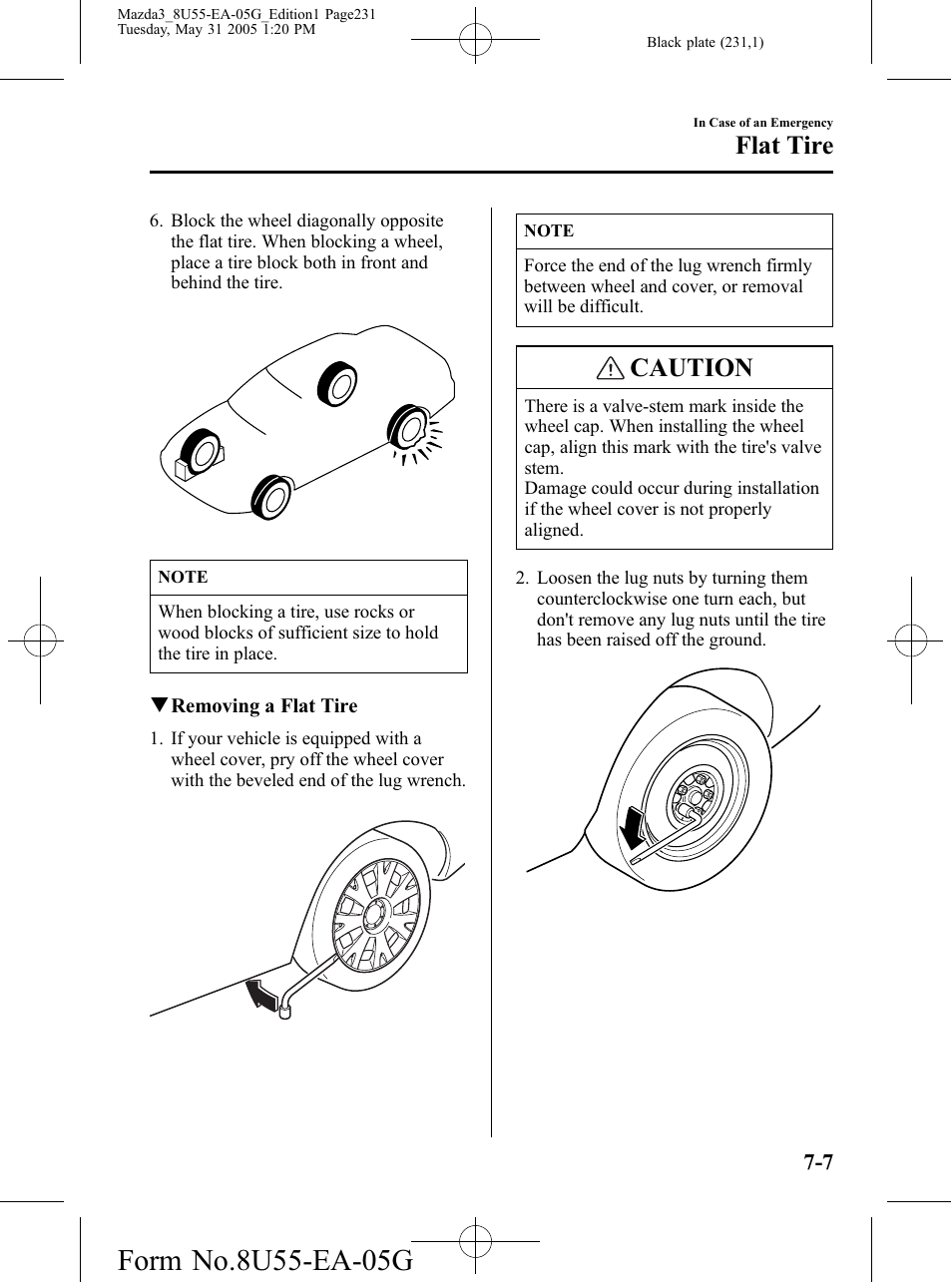 Caution, Flat tire | Mazda 2006 3 4-DOOR User Manual | Page 231 / 416