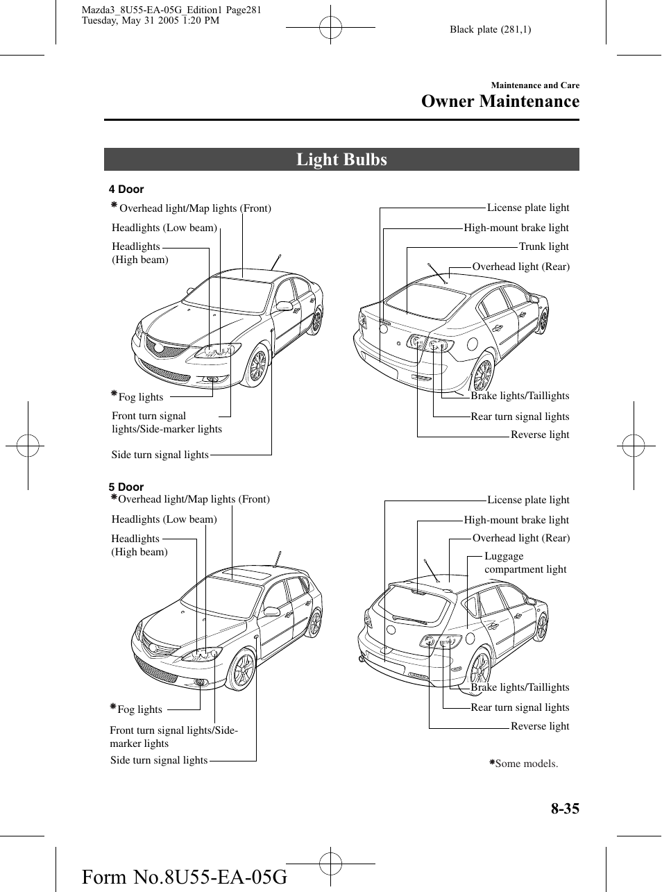 Light bulbs, Light bulbs -35, Owner maintenance | Mazda 2006 3 4-DOOR User Manual | Page 281 / 416