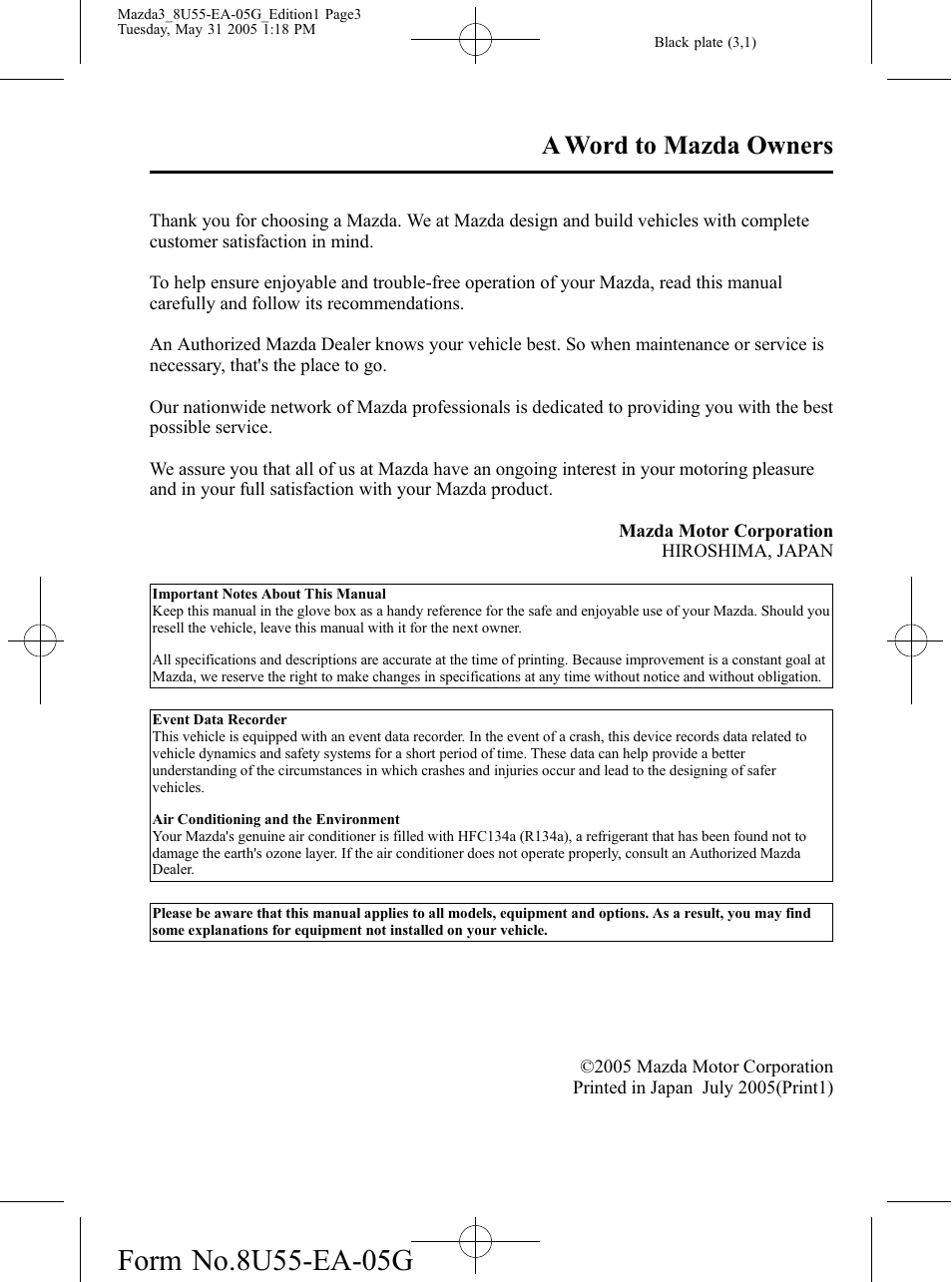 A word to mazda owners, No m-title | Mazda 2006 3 4-DOOR User Manual | Page 3 / 416