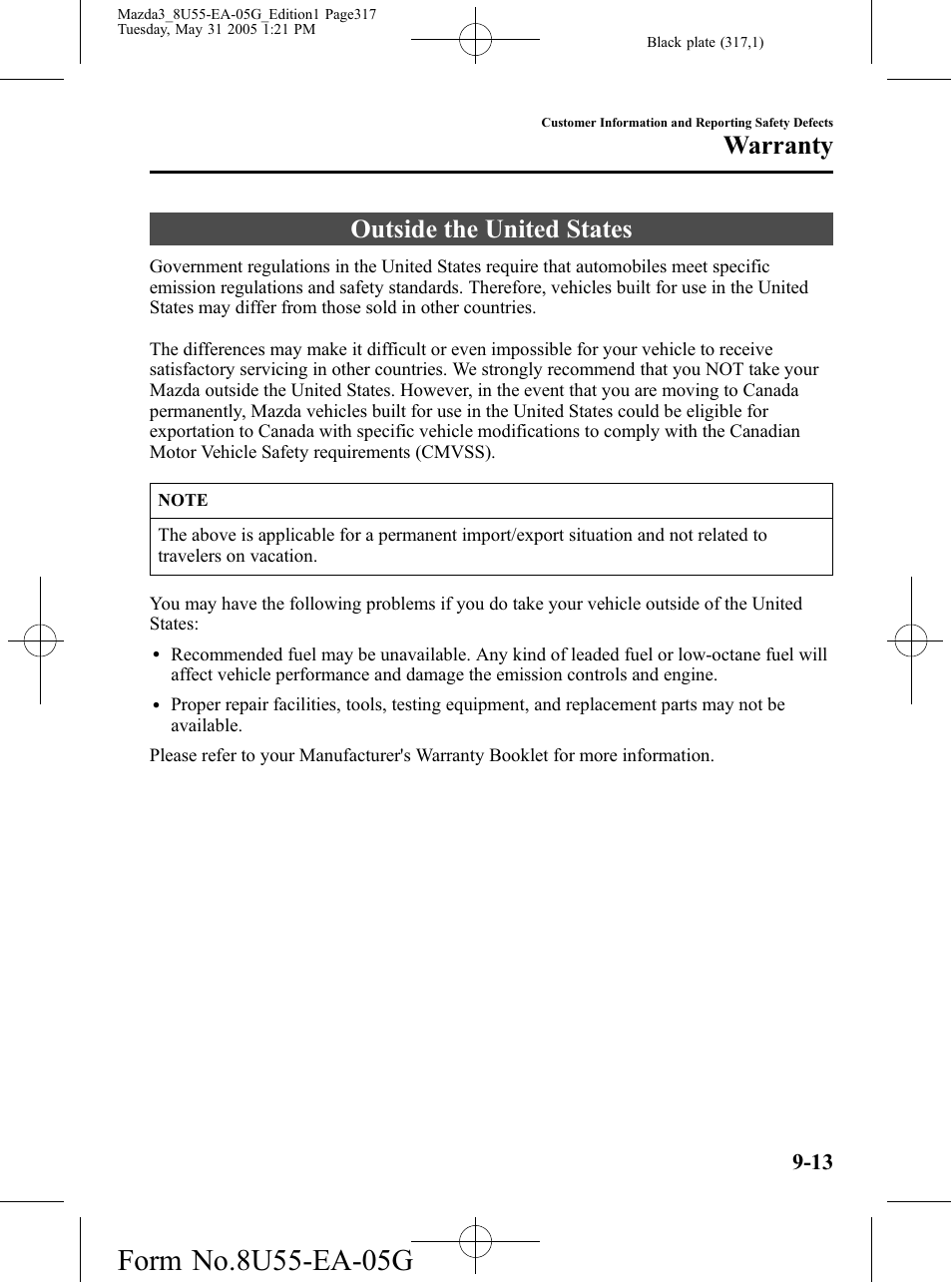 Outside the united states, Outside the united states -13, Warranty | Mazda 2006 3 4-DOOR User Manual | Page 317 / 416