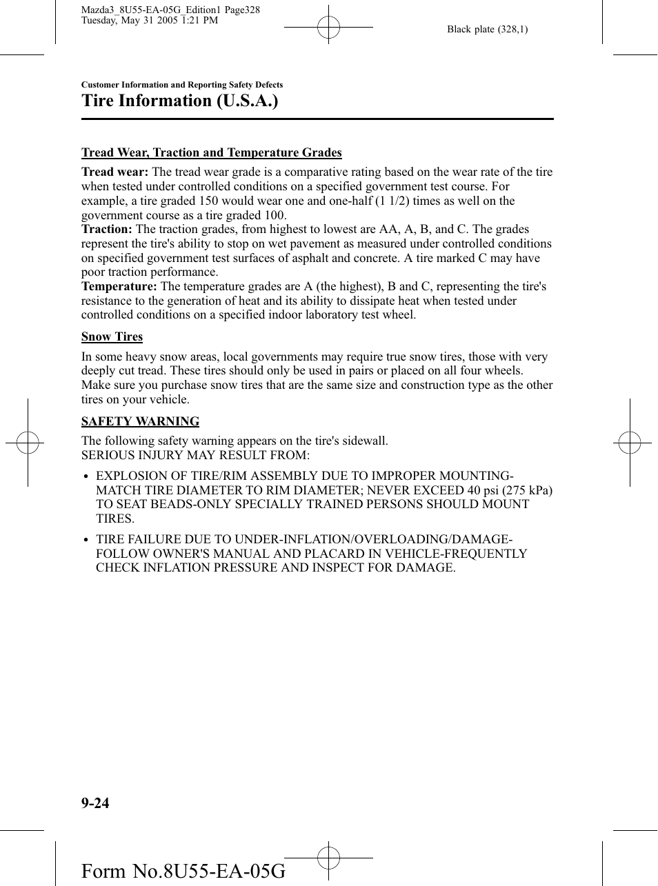 Tire information (u.s.a.) | Mazda 2006 3 4-DOOR User Manual | Page 328 / 416