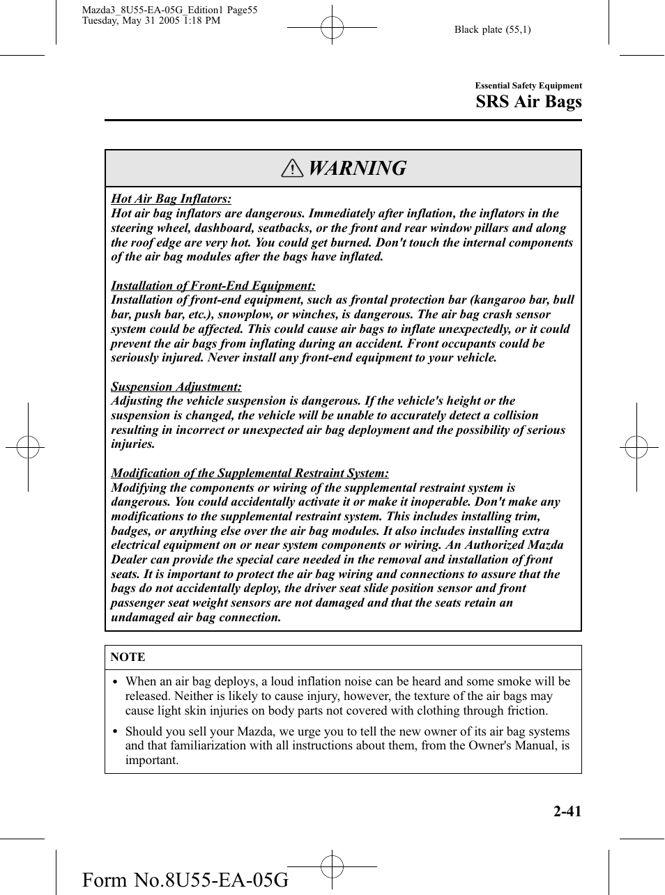 Warning, Srs air bags | Mazda 2006 3 4-DOOR User Manual | Page 55 / 416