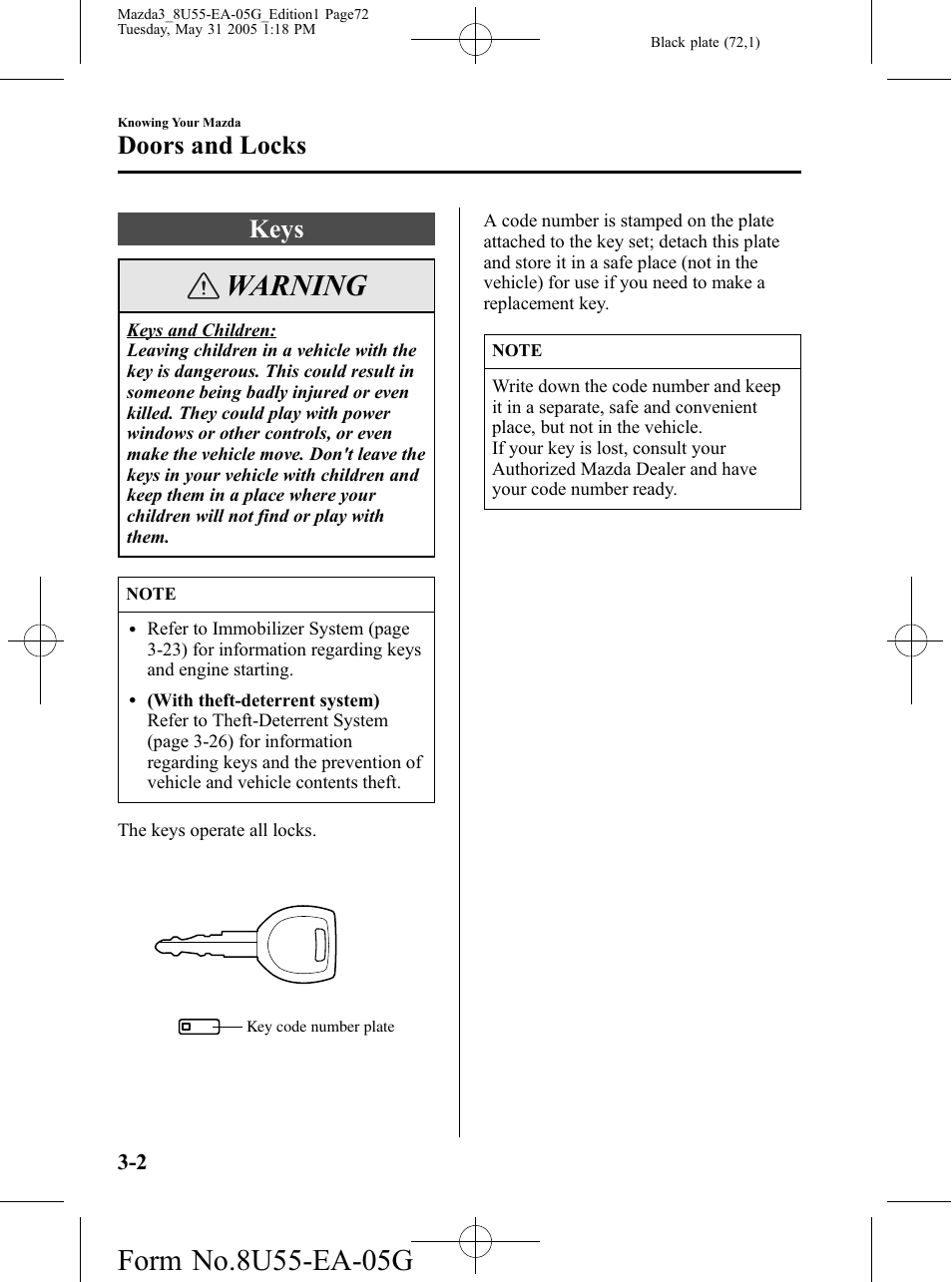 Doors and locks, Keys, Doors and locks -2 | Keys -2, Warning | Mazda 2006 3 4-DOOR User Manual | Page 72 / 416