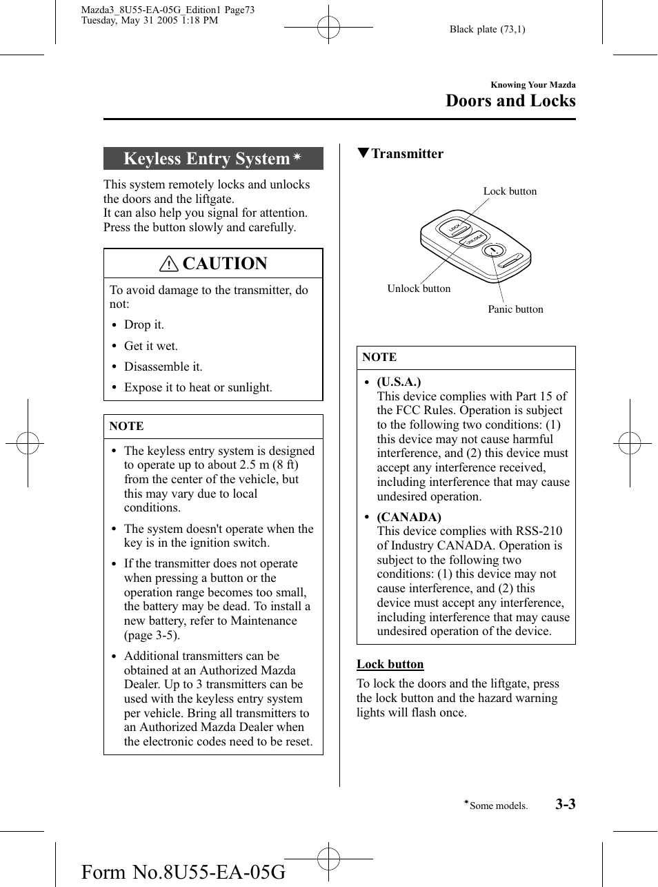 Keyless entry system, Caution, Doors and locks | Qtransmitter | Mazda 2006 3 4-DOOR User Manual | Page 73 / 416