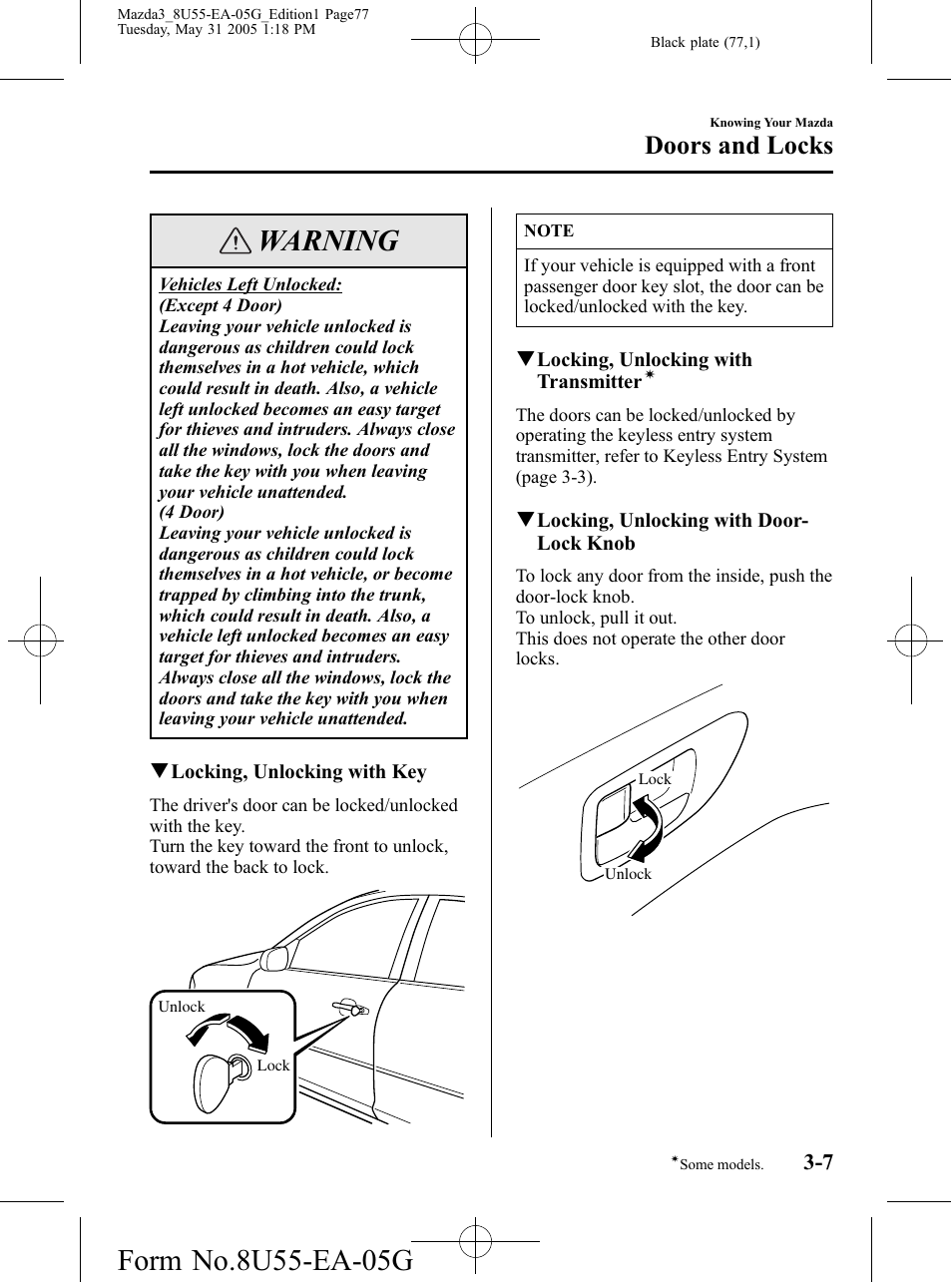 Warning, Doors and locks | Mazda 2006 3 4-DOOR User Manual | Page 77 / 416