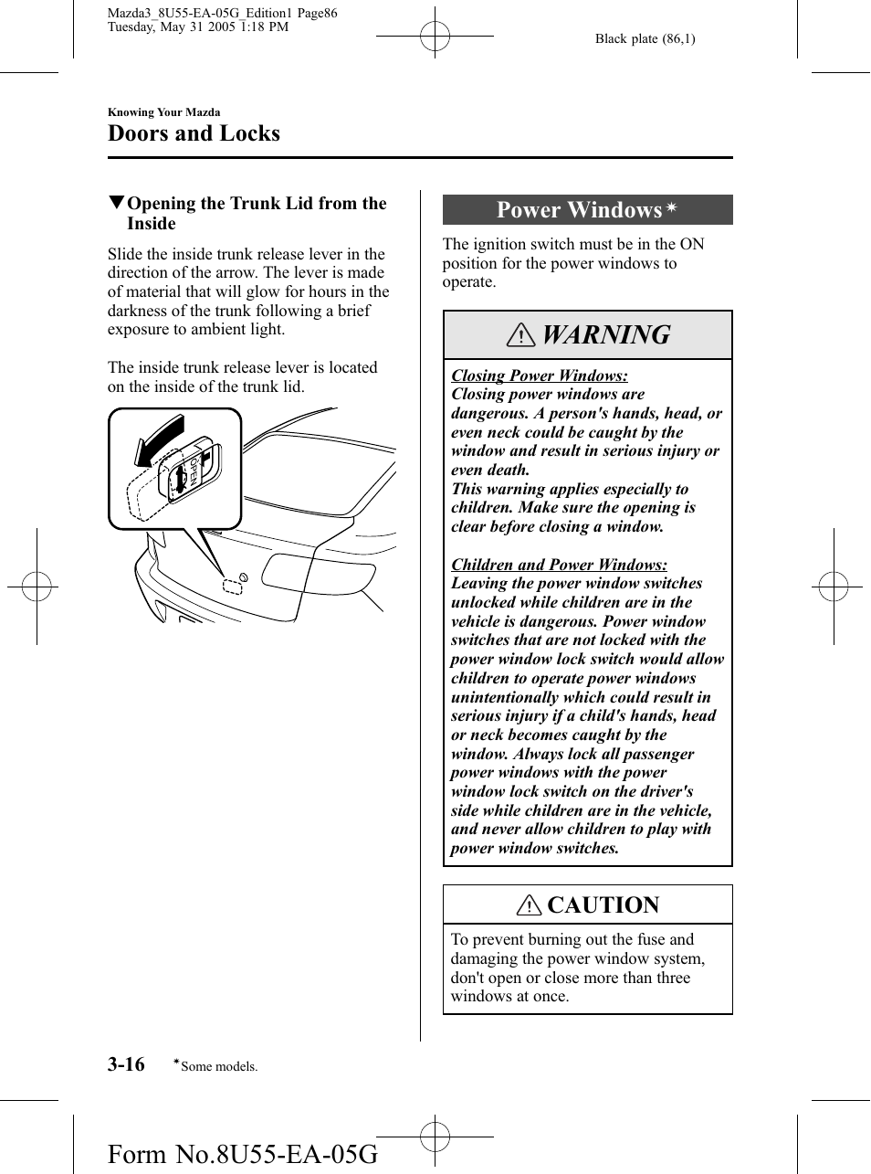 Power windows, Warning, Caution | Doors and locks | Mazda 2006 3 4-DOOR User Manual | Page 86 / 416