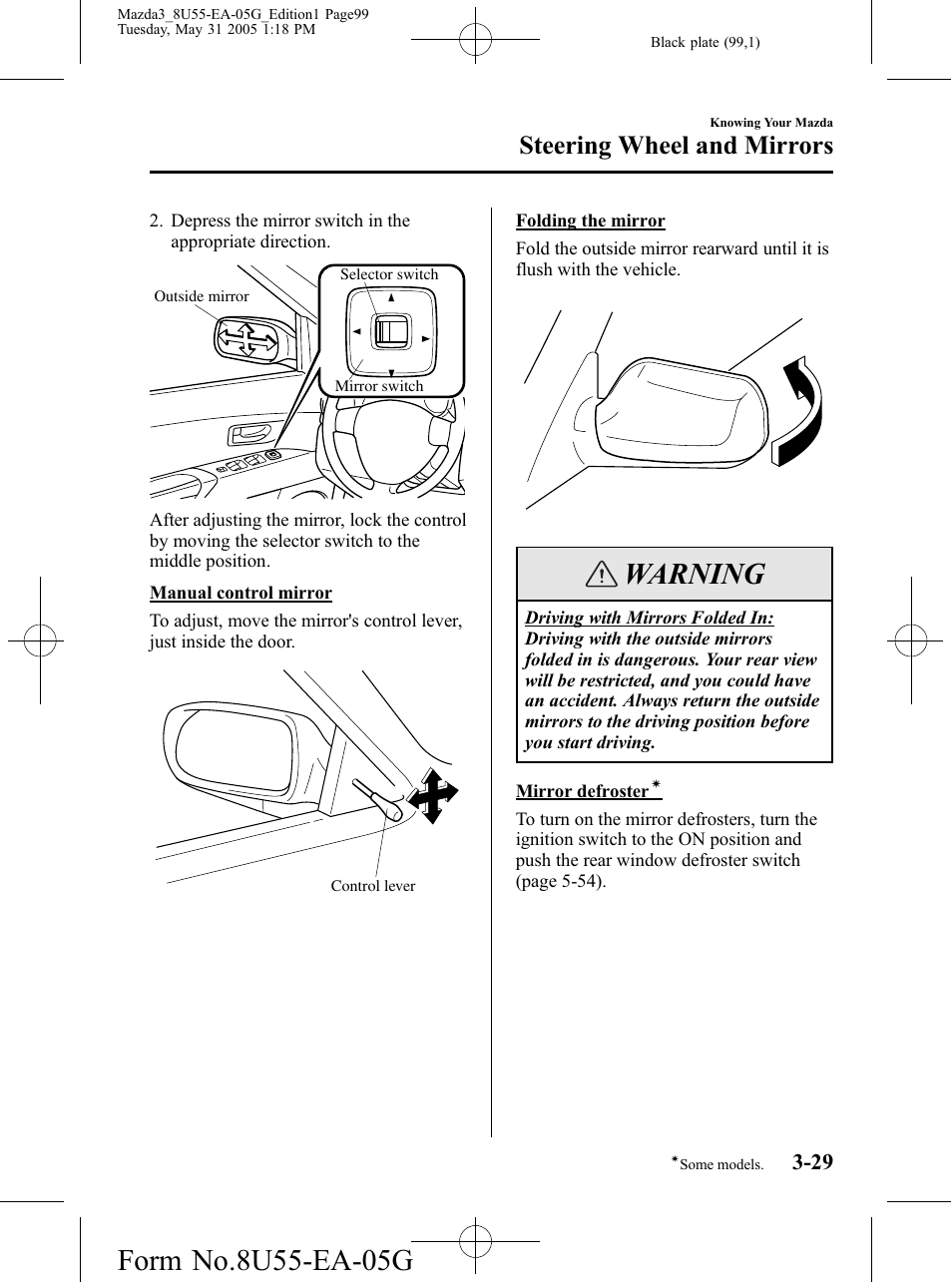 Warning, Steering wheel and mirrors | Mazda 2006 3 4-DOOR User Manual | Page 99 / 416