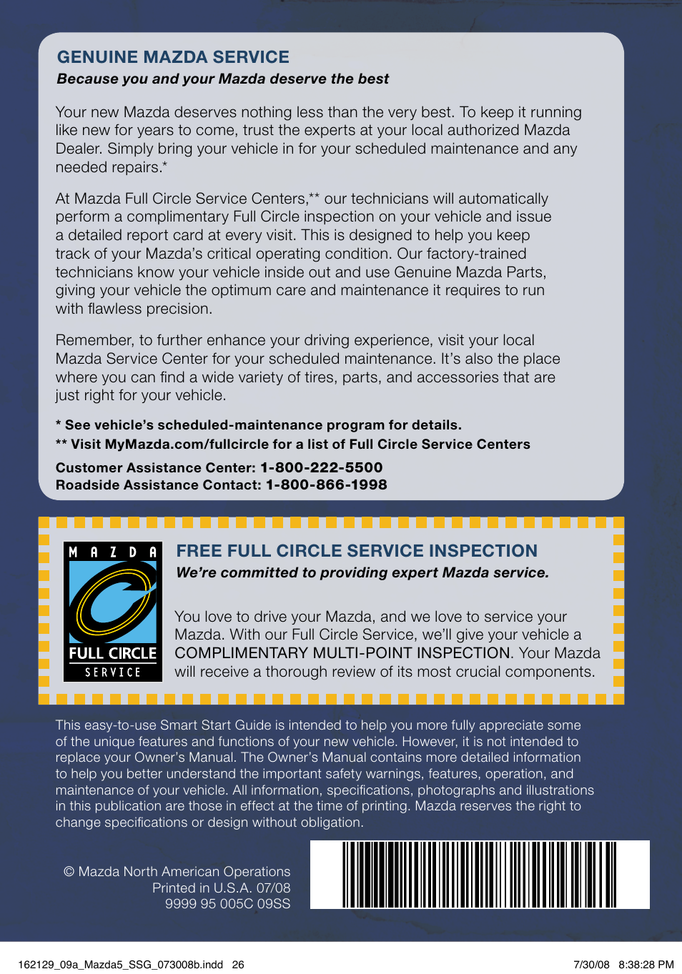 Genuine mazda service, Free full circle service inspection | Mazda 2009 5 User Manual | Page 26 / 26