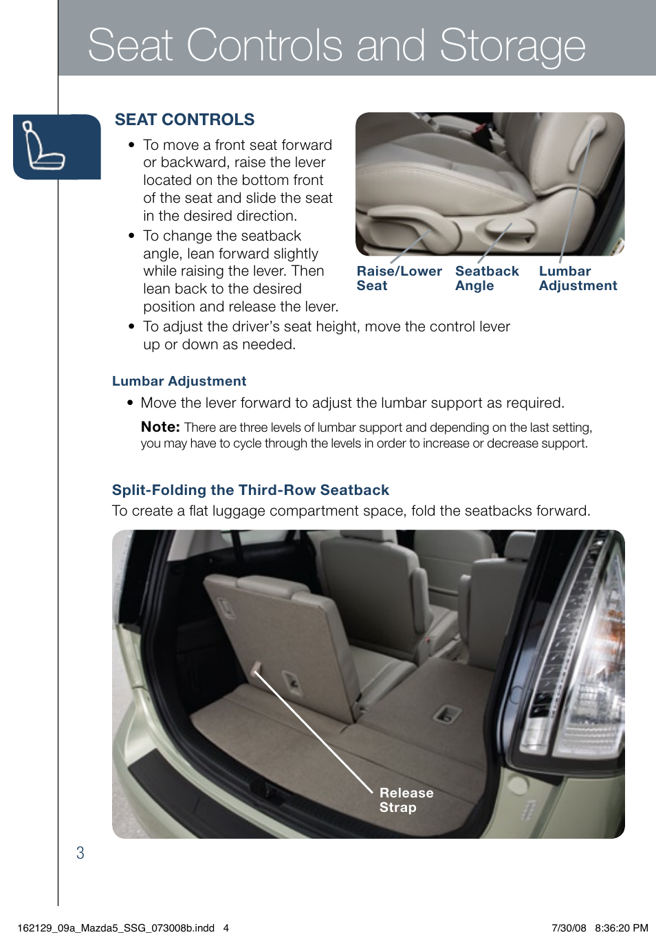 Seat controls and storage | Mazda 2009 5 User Manual | Page 4 / 26