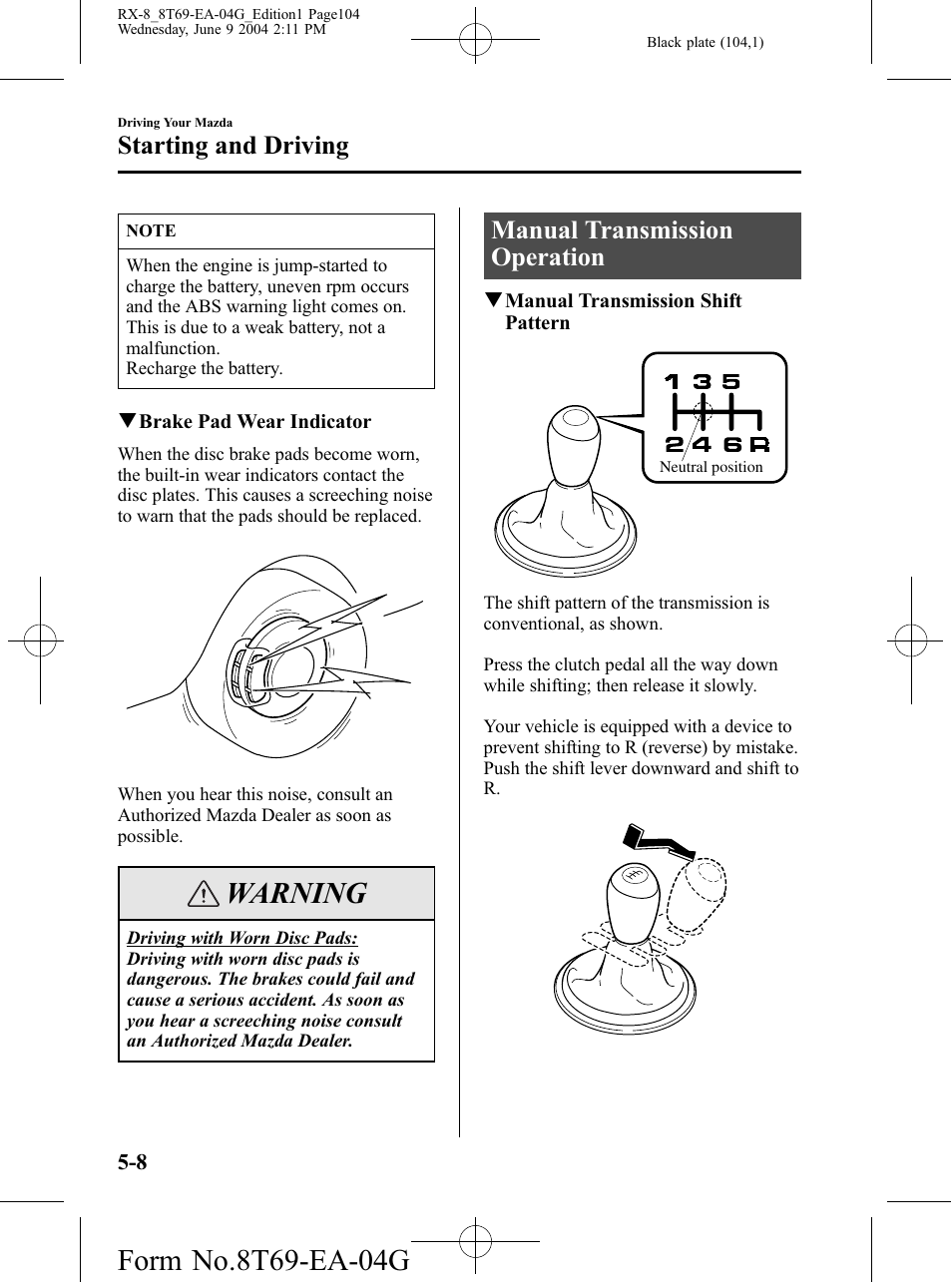 Manual transmission operation, Manual transmission operation -8, Warning | Starting and driving | Mazda 2005 RX-8 User Manual | Page 104 / 364