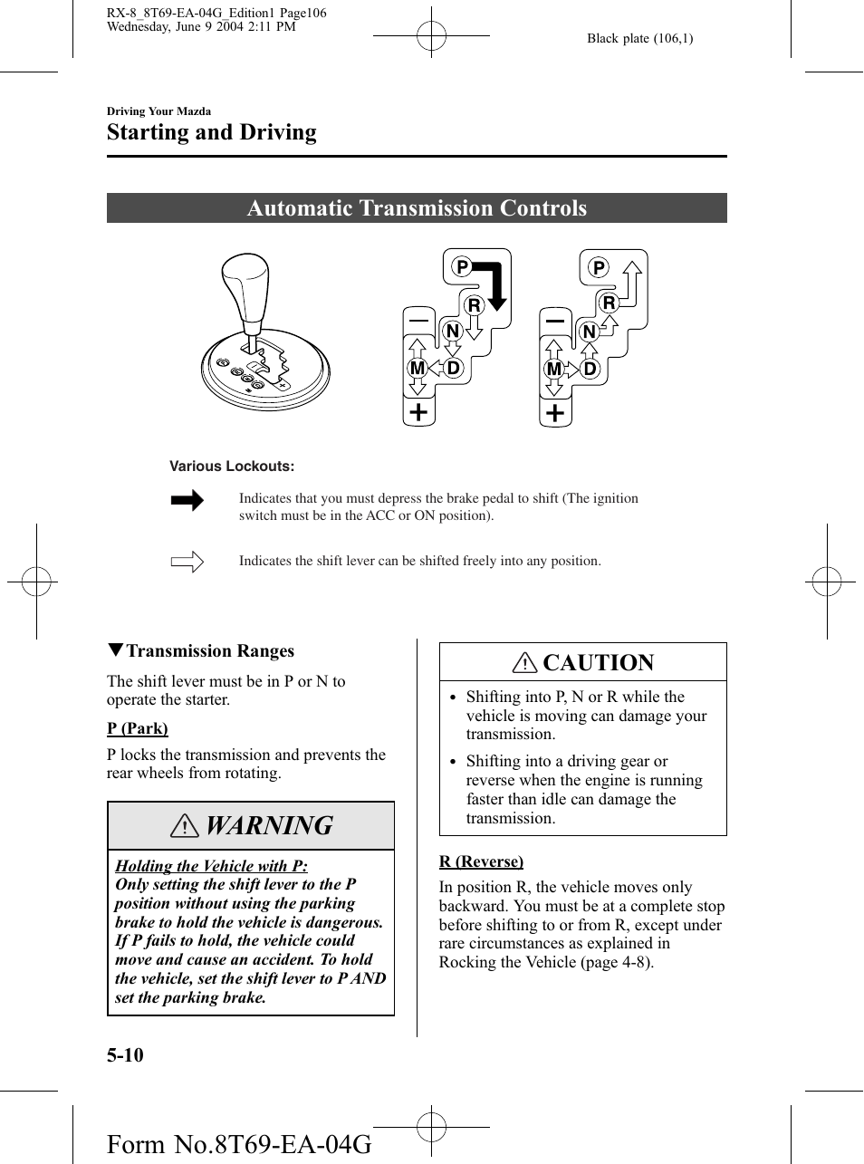 Automatic transmission controls, Automatic transmission controls -10, Warning | Caution, Starting and driving | Mazda 2005 RX-8 User Manual | Page 106 / 364