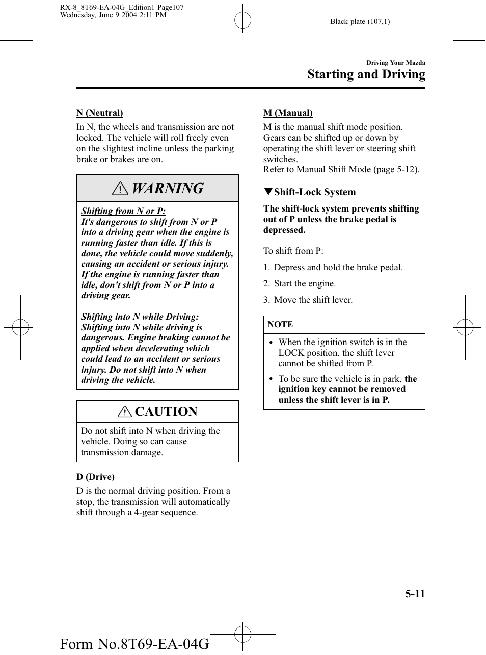 Warning, Caution, Starting and driving | Mazda 2005 RX-8 User Manual | Page 107 / 364