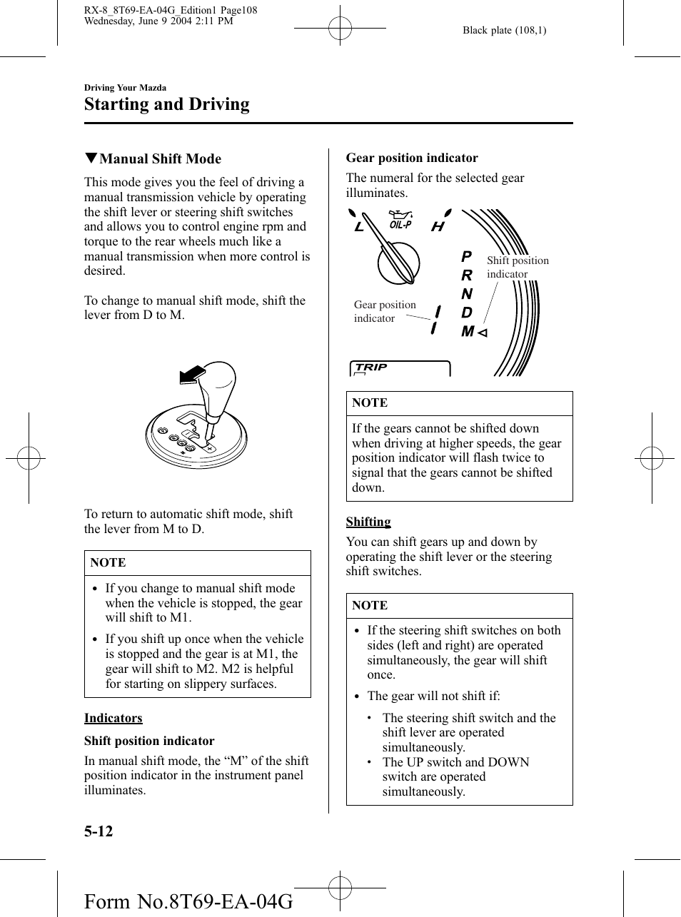 Starting and driving | Mazda 2005 RX-8 User Manual | Page 108 / 364