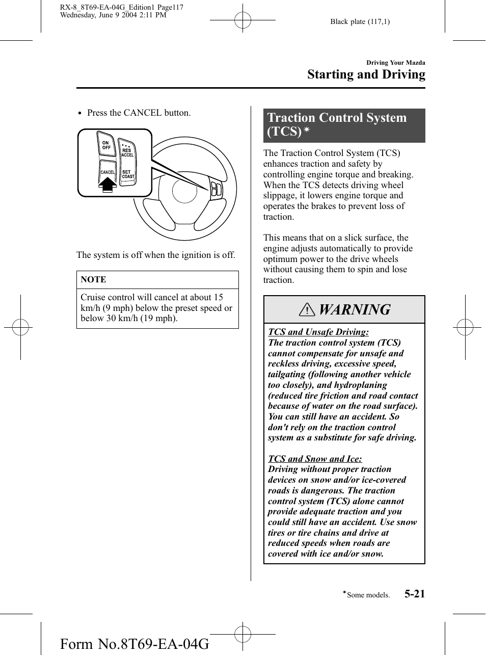 Traction control system (tcs), Warning, Starting and driving | Mazda 2005 RX-8 User Manual | Page 117 / 364