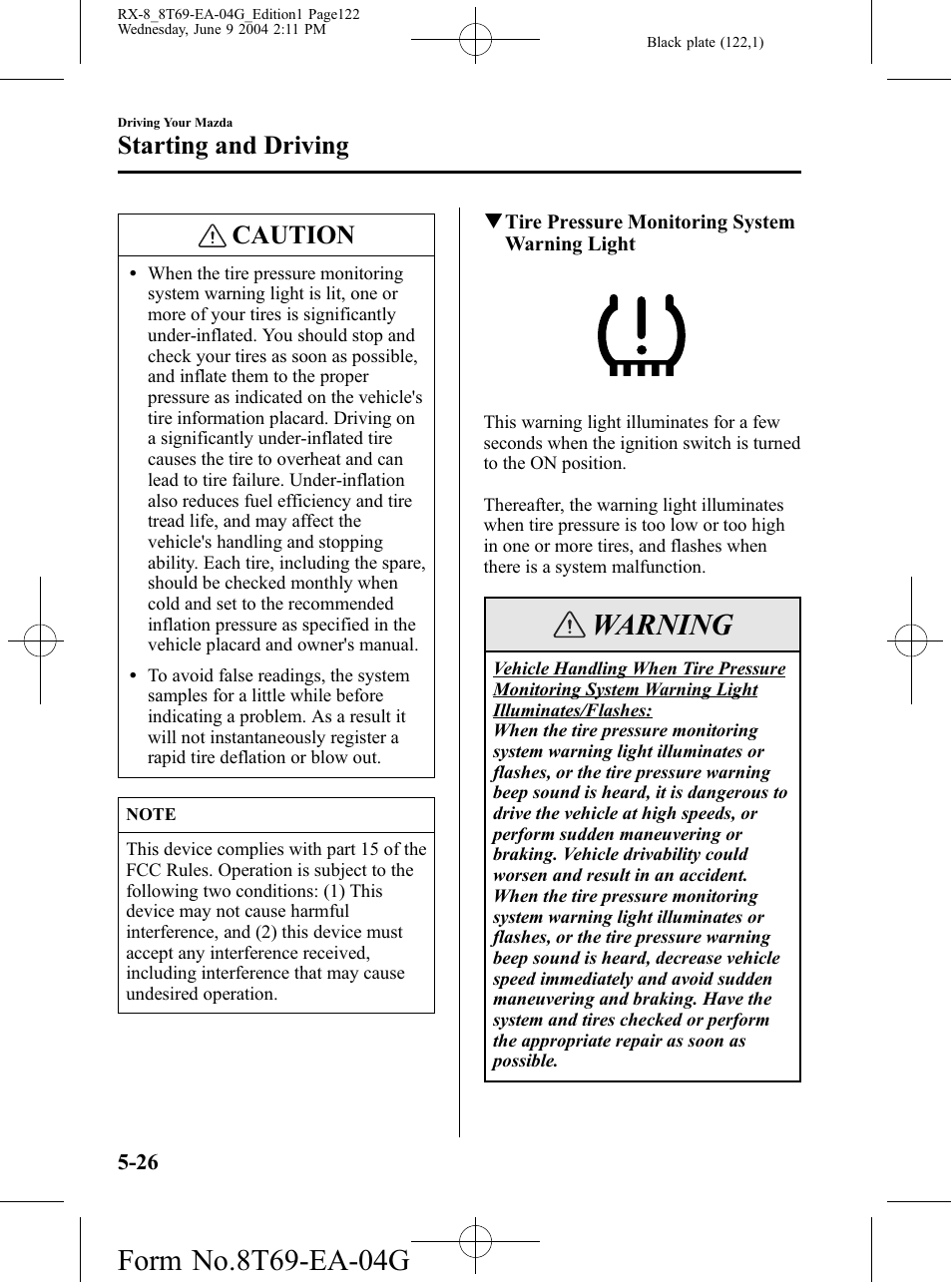 Warning, Caution, Starting and driving | Mazda 2005 RX-8 User Manual | Page 122 / 364