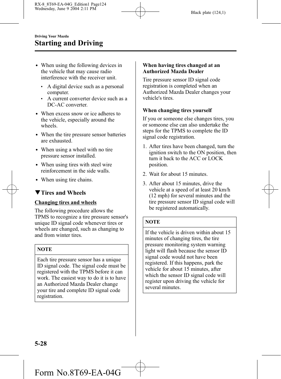 Starting and driving, Qtires and wheels | Mazda 2005 RX-8 User Manual | Page 124 / 364