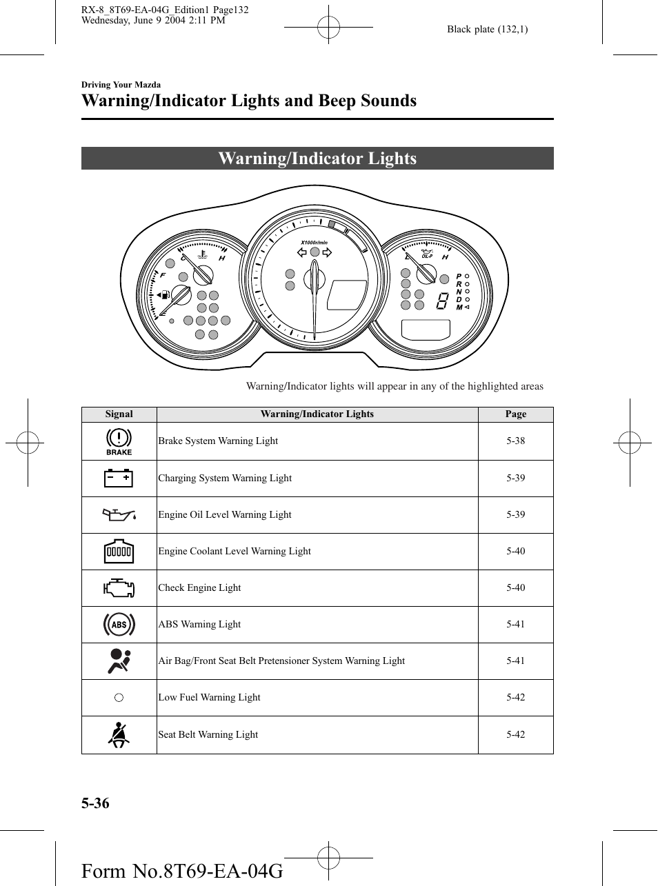 Warning/indicator lights and beep sounds, Warning/indicator lights, Warning/indicator lights and beep sounds -36 | Warning/indicator lights -36 | Mazda 2005 RX-8 User Manual | Page 132 / 364
