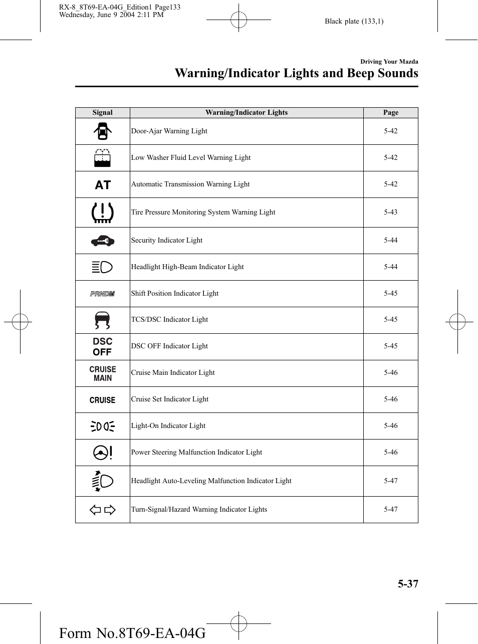 Warning/indicator lights and beep sounds | Mazda 2005 RX-8 User Manual | Page 133 / 364