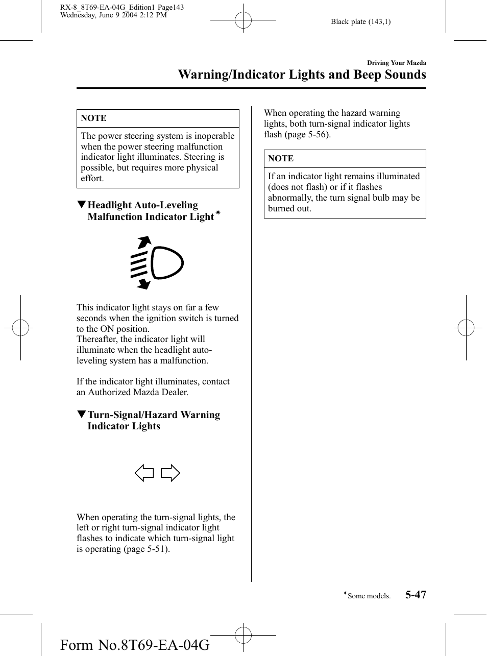 Warning/indicator lights and beep sounds | Mazda 2005 RX-8 User Manual | Page 143 / 364