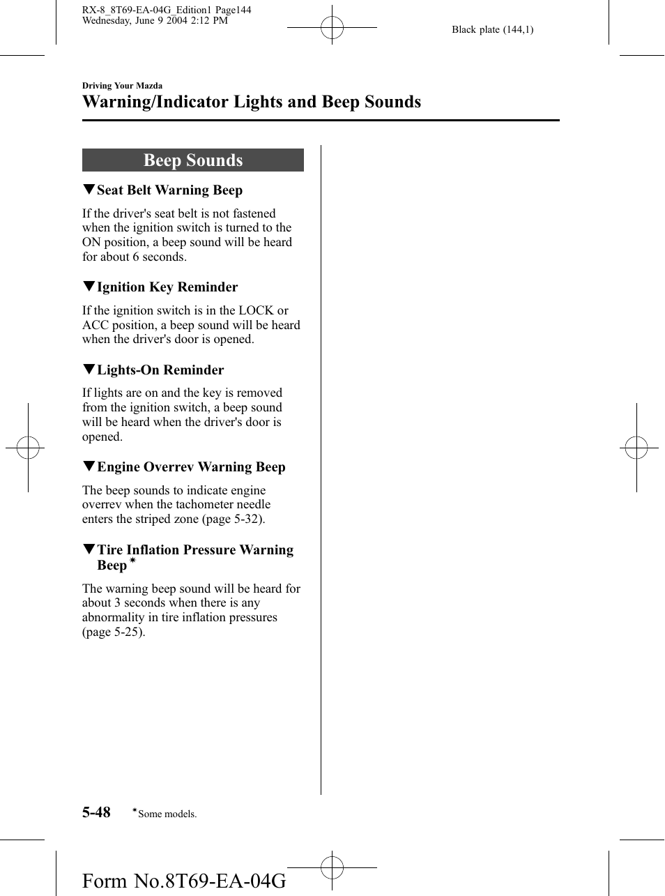 Beep sounds, Beep sounds -48, Warning/indicator lights and beep sounds | Mazda 2005 RX-8 User Manual | Page 144 / 364